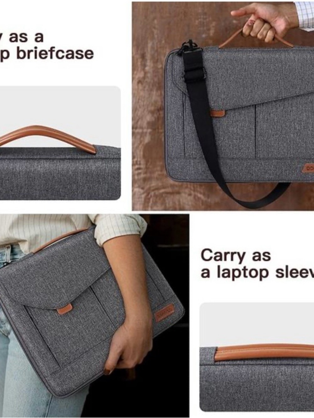 DOMISO Gray Laptop Messenger Bag with Black Strap and Brown Handle
